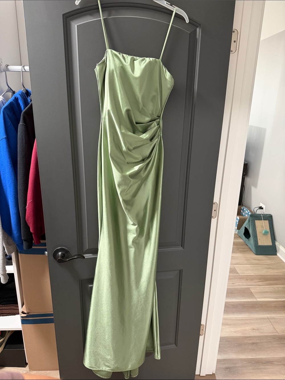 Satin Draped Spaghetti-Strap Evening Dress - Light Green